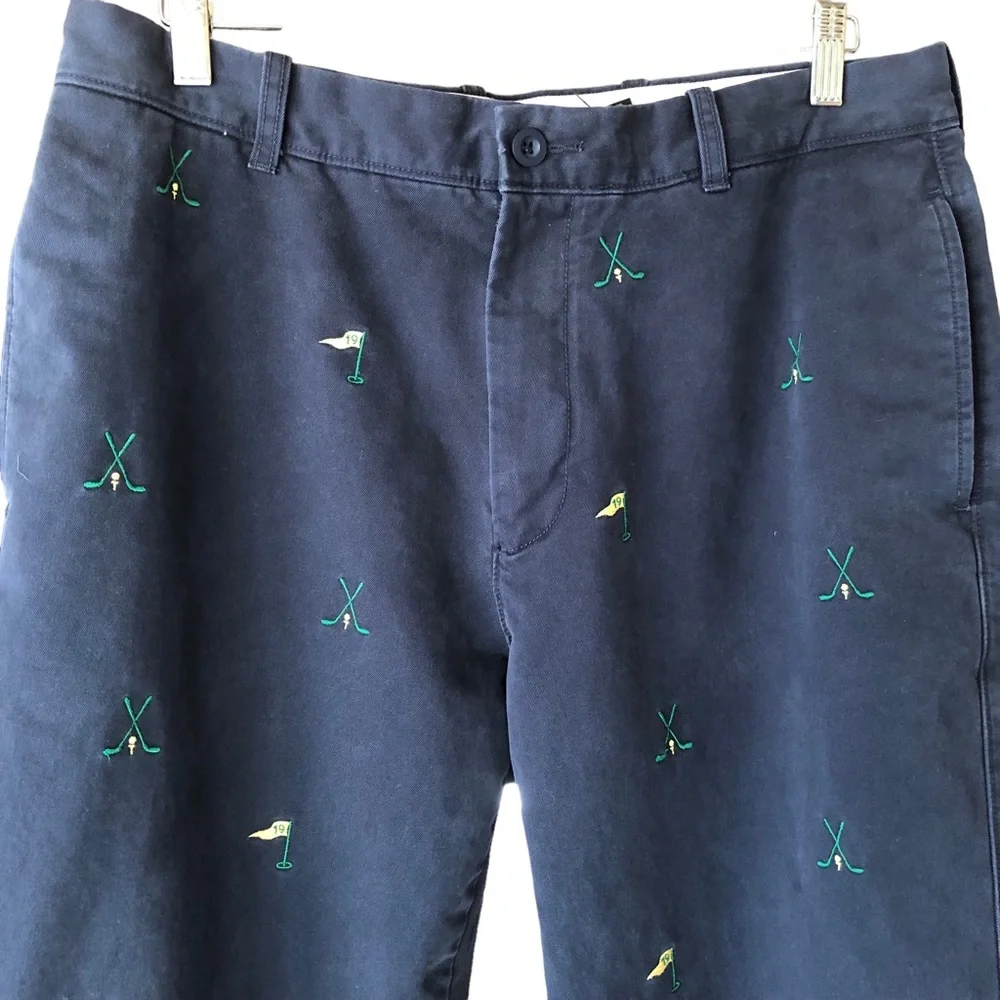 Vintage J. Crew Flat Front Broken In Chino. Navy w/ Golf Theme. Size 34W x 34L